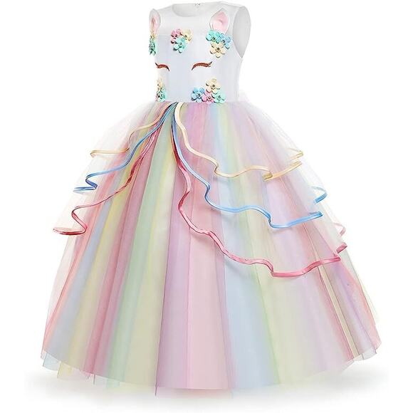 White/Rainbow Unicorn Girl Dresses Party Princess Flower Costume 13-14 Years - Picture 2 of 14